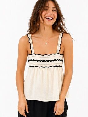 Nekane NKN Cream Smocked Cami Tank Top Black Gold Trim Boho Resort Medium NWT